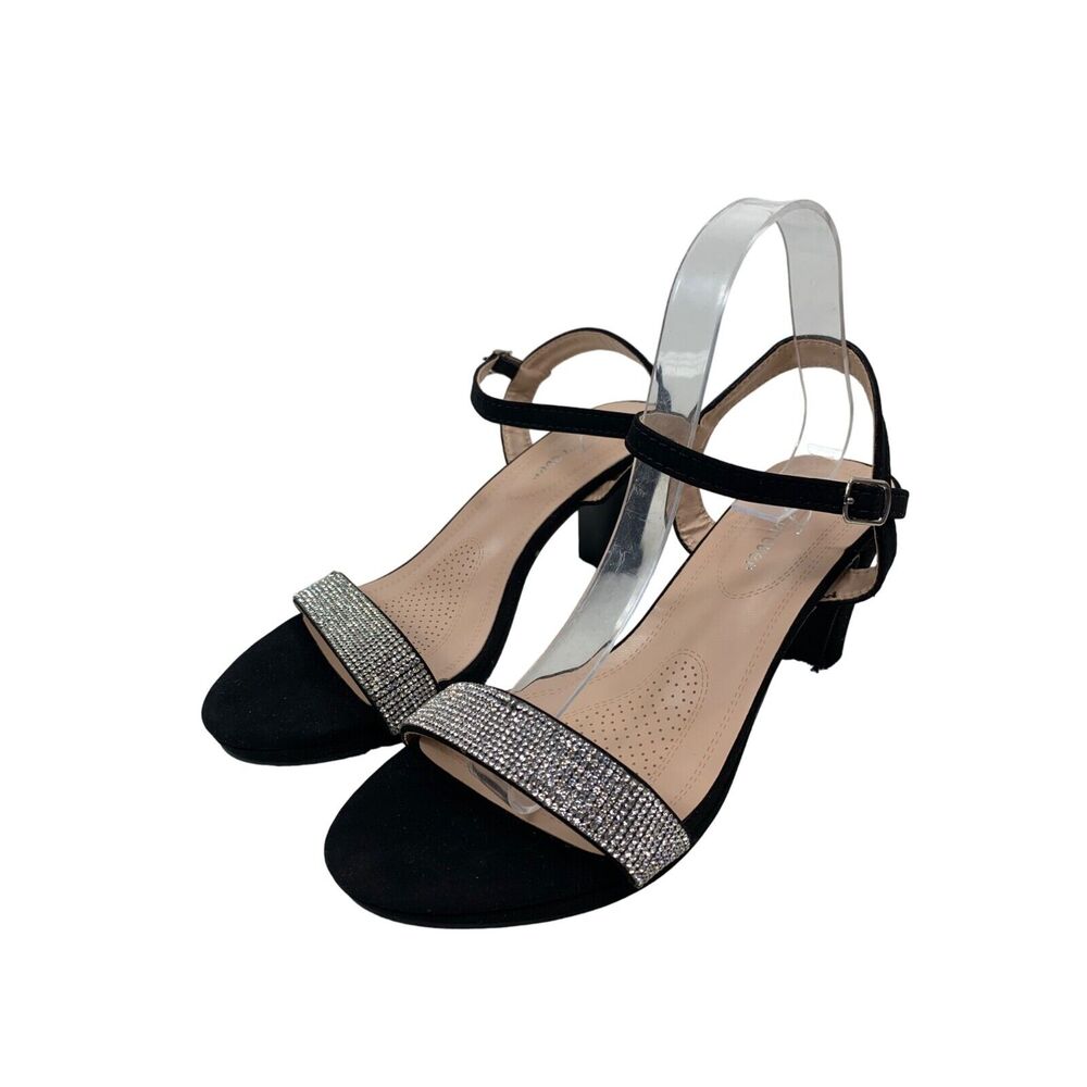 Forever Womens Black Rhinestone-Embellished Block Heel Sandals size 9